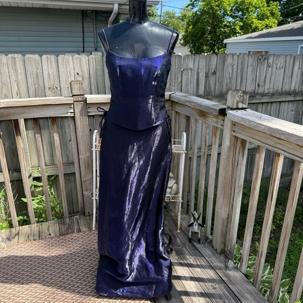 Y2K Night Way Purple Satin Lace Up Corset 2 Piece Formal Gown Prom Dress Set Siz